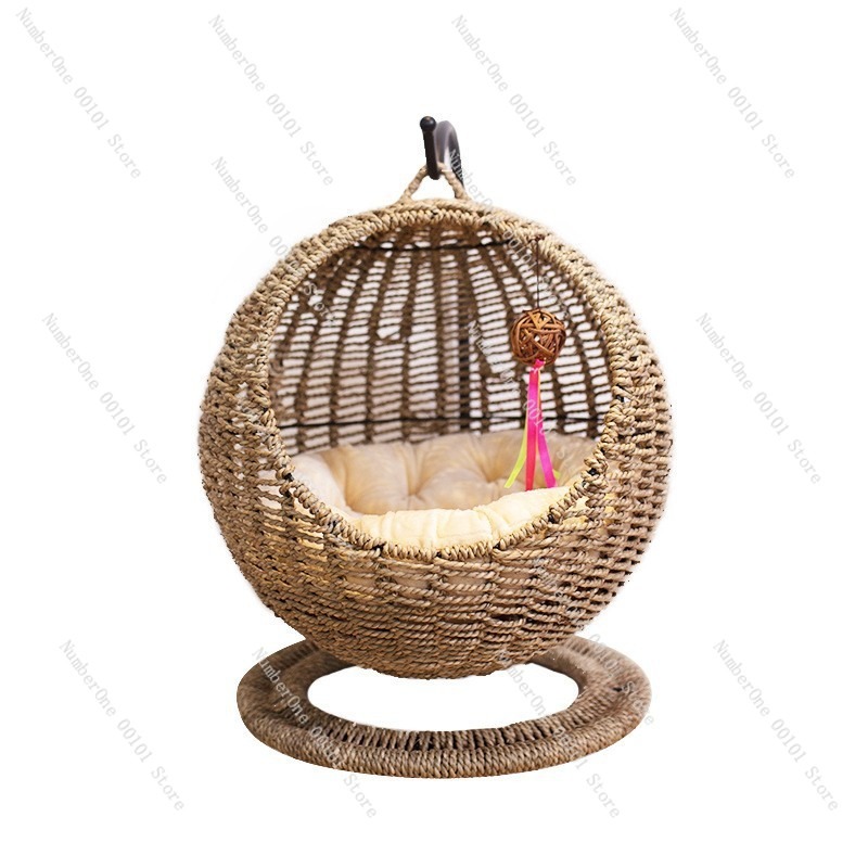 Pet Beds - Cama Suspensa Redonda de Rattan para